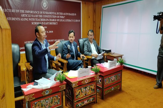 LECTURES ON THE IMPORTANCE OF FUNDAMENTAL DUTIES AS ENVISAGED IN ARTICLE 51A OF THE CONSTITUTION OF INDIA FOR THE LEGAL LITERACY CLUBS IN SCHOOLS BY SIKKIM SLSA was held on 04th August, 2018 AT AUDITORIUM, HIGH COURT OF SIKKIM.